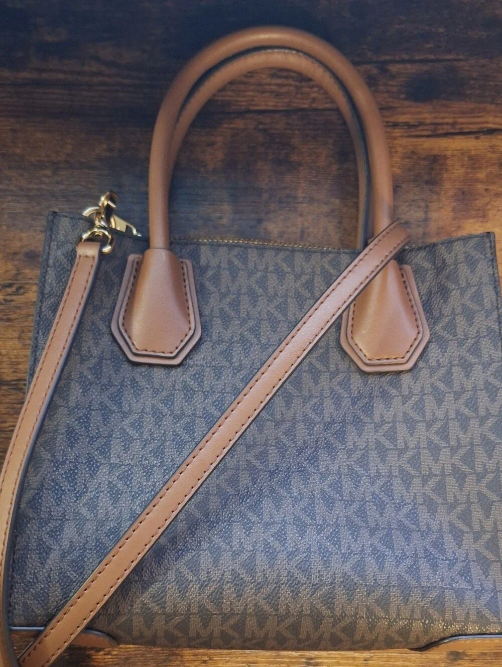 Michael Kors Brown and Dark Blue MK Logo Tote